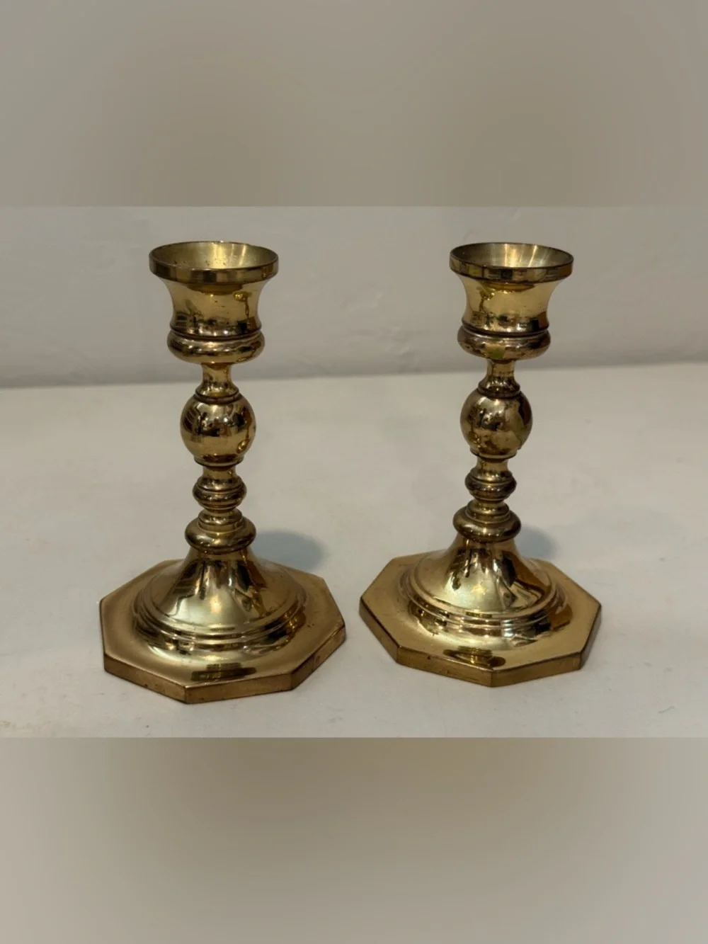 Vintage Octagon Base Pair Of Candlesticks  Polished Brass‎ 5” tall 3